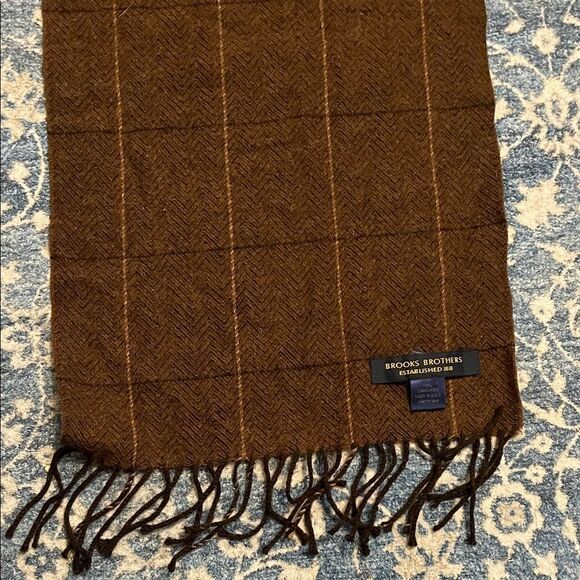 Brooks Brother Camel Hair Brown Design Fringe Scarf Made In USA Work Academia - Picture 5 of 8